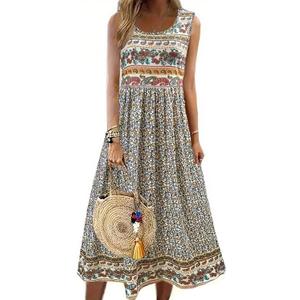 Tank Dresses for Women 2025 Summer Boho Floral Crew Neck Sleeveless Long Sundress Loose Casual Beach Dress with Pocket (Large, Orange)