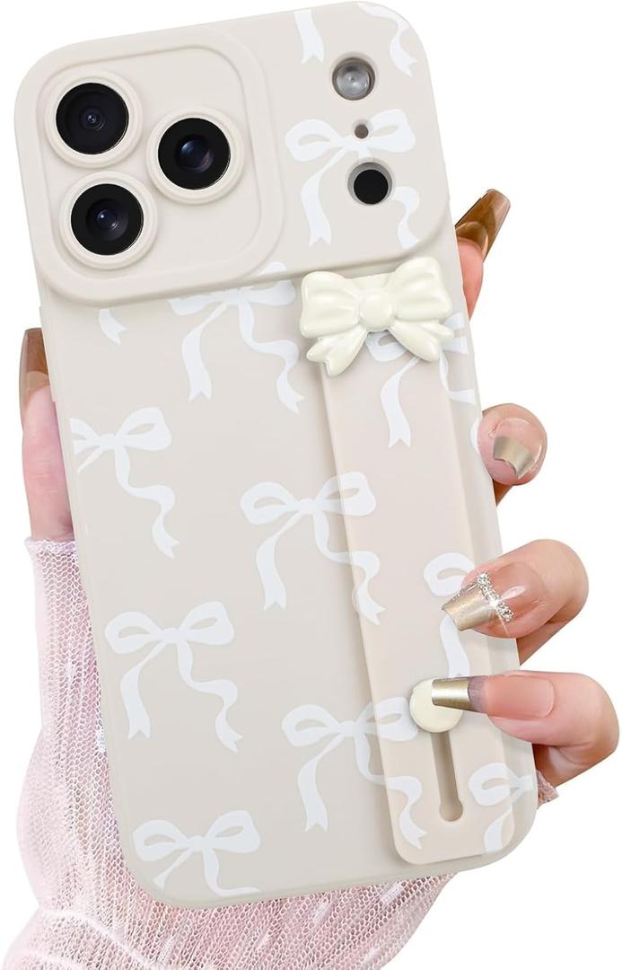 OOK Wrist Strap Case for iPhone 17 Pro, White Bow | With Screen Protector, Adjustable Wristband Kickstand, Slim Soft TPU Protective Cover for Girls & Women