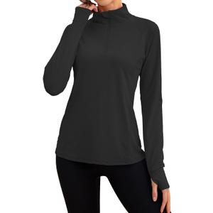 We1Fit Women's UPF 50+ Sun Shirts Long Sleeve Quarter Zip Pullover Lightweight Hiking Running Workout Tops (Black, M)