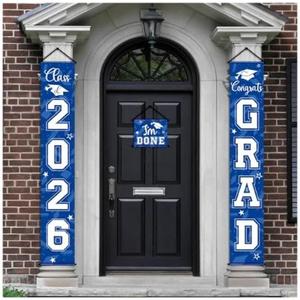 Moukeren 3 Pieces 2026 Graduation Party Decorations Graduation Porch Sign Class of 2026 Grad Hanging Porch Banner Backdrop Door Sign for Grad Party Home Door Wall Decor, Blue ,Pack Of 2