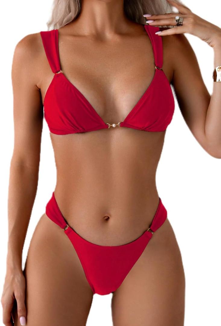 QJQ Women's 2 Piece Cheeky Bikini Sets Tie Back Ring Linked Brazilian Swimsuit Sexy Triangle Bathing Suit (Red), L