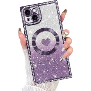 Fiyart Designed for iPhone 15 Case,Compatible with MagSafe Love Hearts Plating Soft Slim TPU Rectangular Magnetic Glitter Shockproof Phone Bumper for Women Girls 6.1"-Purple Fiyart Designed for iPhone 15 Case,Compatible with MagSafe Love Hearts Plating Soft Slim TPU Rectangular Magnetic Glitter Shockproof Phone Bumper for Women Girls 6.1"-Purple