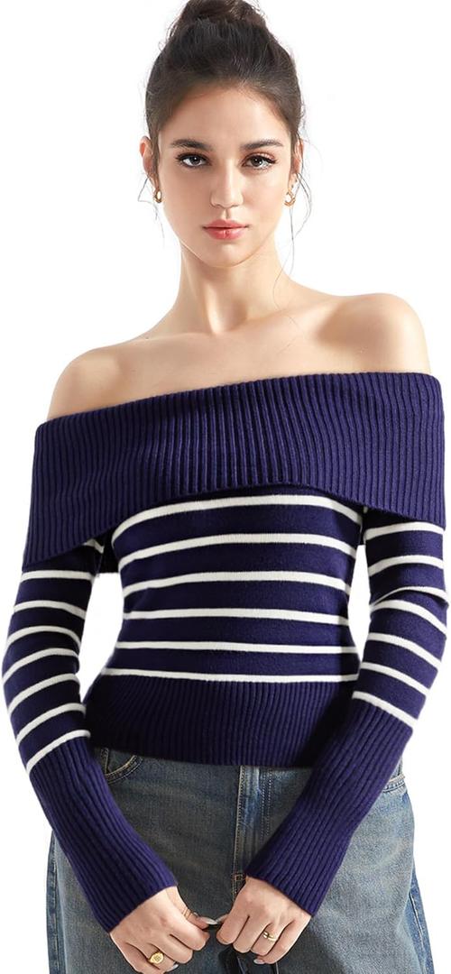 SUUKSESS Women Off Shoulder Sweaters Long Sleeve Ribbed Knit Going Out Fall Tops Blouse (Blue, XS)