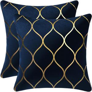 DEZENE Gold Velvet Throw Pillow Covers Navy: 2 Pack 24x24 Inch Square Decorative Pillow Cases for Bedroom Sofa Couch Living Room