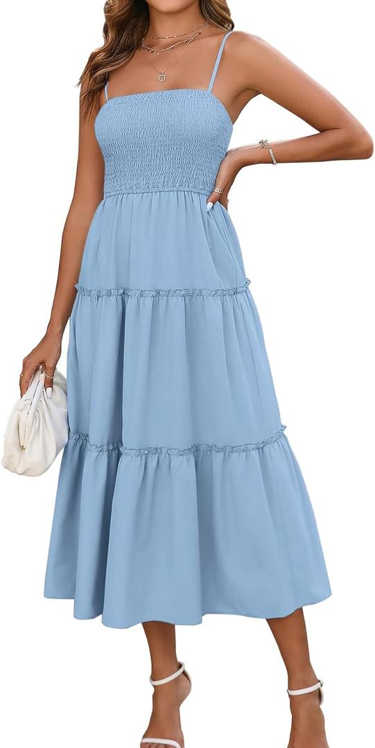 EYNMIN Women's Summer Midi Dress Casual Boho Beach Sundress Spaghetti Strap Sleeveless Smocked Flowy A-Line Dresses (Blue) S