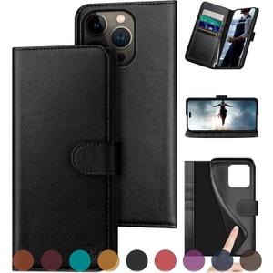 Compatible with iPhone 16 Pro Max 6.9" Genuine Leather Wallet caseRFID Blocking4 Credit Card HolderReal Leather Flip Folio Book Phone case Cover Women Men for Apple 16 ProMax case Black