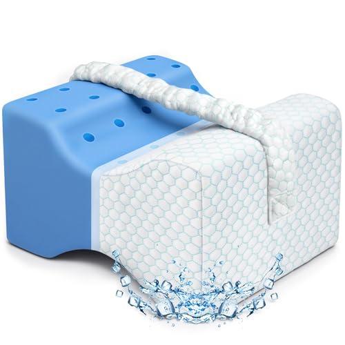 KingPavonini Cooling Knee Pillow for Side Sleepers, Gel Memory Foam Leg Pillows for Side Sleeping with Ice Silk Cover and Strap, Knee Pillow for Back Hip Pain, Spine Aligning, Sciatica, Pregnancy