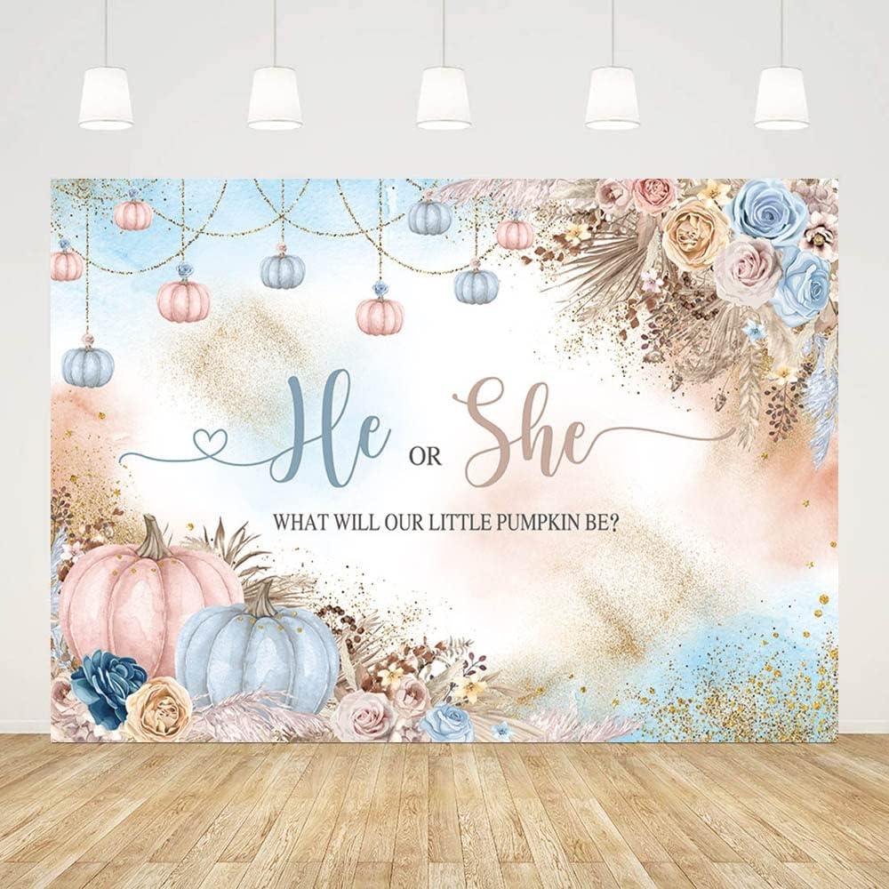 7x5ft Gender Reveal Backdrop He or She What Will Our Little Pumpkin Be Background Pink Blue Pumpkins and Flowers Decorations Banner for Photography