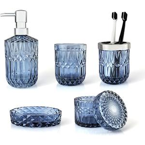 Blue Bathroom Accessories Set, 5Pcs Clear Glass Bathroom Set, Bathroom Hand Soap Dispenser Set, Soap Dish, Toothbrush Holder Set, Qtip Holder, Vanity Bathroom Decor, Set