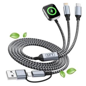 3 in 2 USB A/USB C Cable for Watch Charger, Multi Charging Cable iPhoe Charger Cord, Travel Charger for Multiple Devices Compatible with iWatch Ultra/SE/11-2, iPhone17-6, Pad, Android-5FT