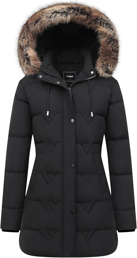 Women's Winter Coat Waterproof Long Insulated Parka with Detachable Hood (Black, XL)
