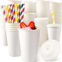 Havawish 100 Sets 16oz Disposable Paper Cups with Lids and Straws Go Coffee Cups Hot Cold Beverage Drinking Water Juice Coffee Hot Tea Shop Home Office Picnic Party Supplies