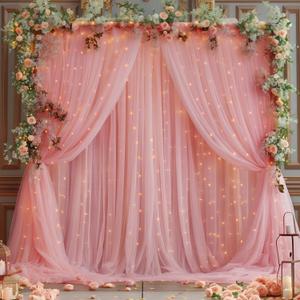 30x10ft Dusty Rose Tulle Backdrop Curtain with Lights String for Parites, Sheer Photo Backdrop Curtains with Lights for Wedding Backdrop Ceremony Reception Bridal Shower Baby Shower Birthday Party (6 Panels(5*10FT))