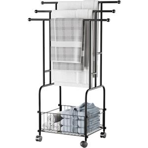 Towel Racks for Bathroom, 42" H 3-Tier Durable Black Reinforced Alloy Stand with Wheels and Basket, Free Standing Towel Rack, Multi-Use Blanket Rack for Indoor/Outdoor Bathroom Display, Black 