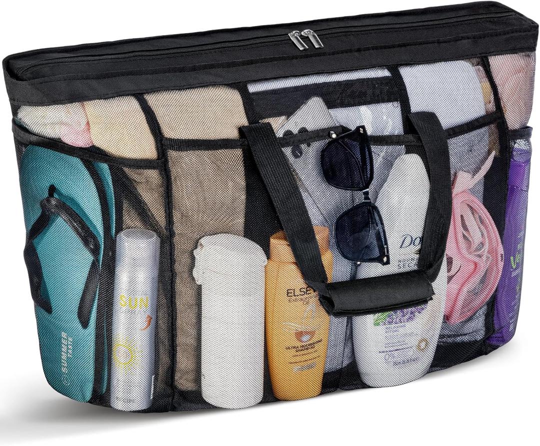 Lifewit Mesh Tote Bags for Women, Extra Large Mesh Tote Bags with Zipper and Pockets, Lightweight Shower Caddy, Beach Essentials for Family, Pool Bag Basket for Women Vacation, Swimmers Black