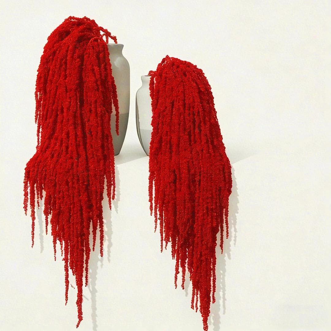 4Pcs Dried Amaranthus Hanging Flowers, 53" Neon Green Preserved Natural Wisteria for Wedding Arch, Table Centerpiece, Wall Hanging Lover Tears, Floral Arrangement (Deep Red)
