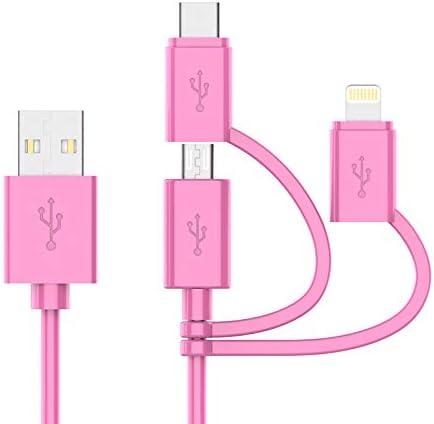 Apple MFI Certified 3-in-1 Cable, Lightning/Type C/Micro USB Cable for iPhone, iPad, Huawei, HTC, LG, Samsung Galaxy, Sony Xperia, Android Smartphones, iPad Pro 2018 and More 3 in 1 Pink(6FT)