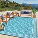 Garvee 9x12 Outdoor Rug, Large Waterproof Patio Carpet Reversible Plastic Straw Mat for Deck Backyard Balcony RV Camping, Easy Clean Outdoor Mat,Light Blue/White