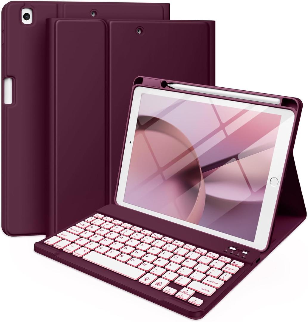 Hamile for iPad 9th Generation Case with Keyboard 10.2 Inch - Backlit Wireless Detachable Folio Keyboard Cover with Pencil Holder for iPad 8th Gen/7th Gen/iPad Pro 10.5"/iPad Air 3rd Gen (Raspberry)