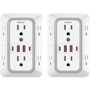 2 Pack Outlet Extender Surge Protector, 6 Outlet Splitter with 4 USB Outlet (2 USB A,2 USB C), 3-Sided Power Strip with Adapter Spaced Outlets for Home, Office, Travel(White)