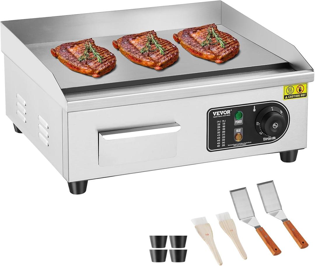 VEVOR Commercial Electric Griddle, 1700W Countertop Flat Top Grill, 18in Stainless Steel Griddle Grill with 2 Shovels and 2 Brushes for Home or Restaurant, 122-572  Adjustable Temp