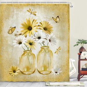 Rustic Farmhouse Yellow Floral Shower Curtain, Sage Green Daisy Flowers Butterfly Dragonfly on Abstract Aesthetic Country Wooden Boho Shower Curtain Set, White Bathroom Accessory with Hooks, 70X70