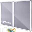 Motipuns 48"x36" Lockable Enclosed Bulletin Board with Glass Door, Weather Resistant Cork Notice Board, Wall Mounted Display Case for School Office Community Outdoor, 12xA4(Gray, Silver Frame)