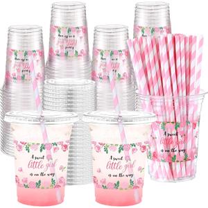 Funnymoom 50 Sets Baby Shower Plastic Cups a Sweet Little Girl Is on the Way 16 oz Floral Disposable Drinking Cups with Lids Straws for Girl Gender Reveal Birthday Party Decorations Supplies