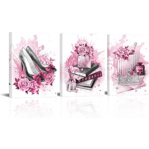 Kalormore Pink Splash Fashion Poster Glam High Heel Shoes Perfume Books Pearl Crown Canvas Prints Wall Art For Girl Bedroom Woman Makeup Room Wall Decoration