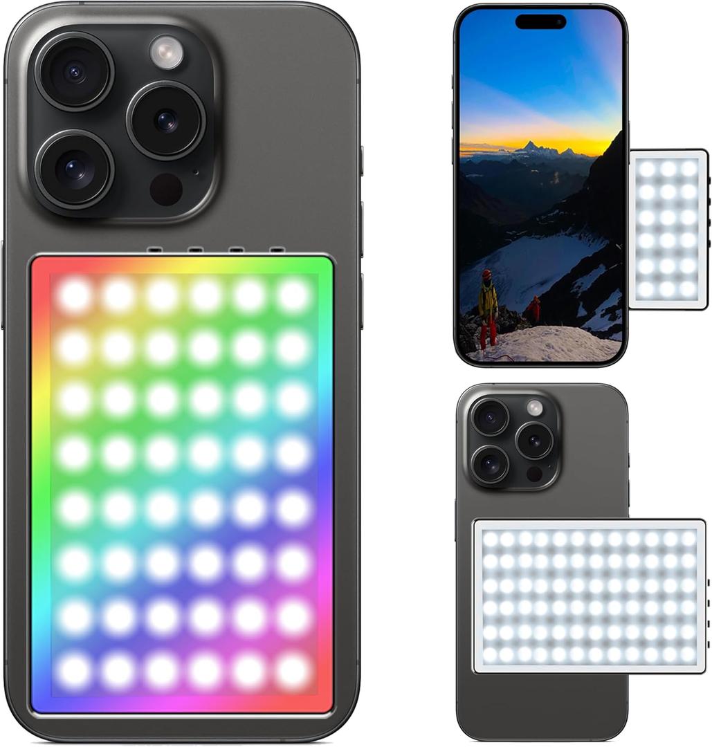 Portable LED Selfie Light Dual Sided Video Conference Lighting with Strong Magnetic Attraction Rechargeable 750mAh, Multipurpose Photography RGB Light for iPhone Phone Webcam Laptop Photo Makeup