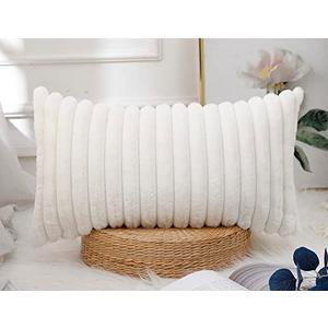 PANOD Faux Fur Decorative Lumbar Throw Pillow Covers 12 x 24,Long Boho Lumbar Pillow Covers Pillow Case Cushion Case for Bed Sofa Farmhouse Livingroom,White