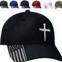 Adjustable Jesus 3 Nail Cross Hat with American Flag (One Size, Black)