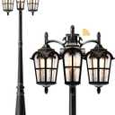 EDISHINE Outdoor Lamp Post Light 3-Head, Thickened Aluminum Dusk to Dawn Street Light Post with Water Ripple Glass, Retro Roman Pole Lighting Fixture for Backyard Garden Patio Driveway, Extra Large