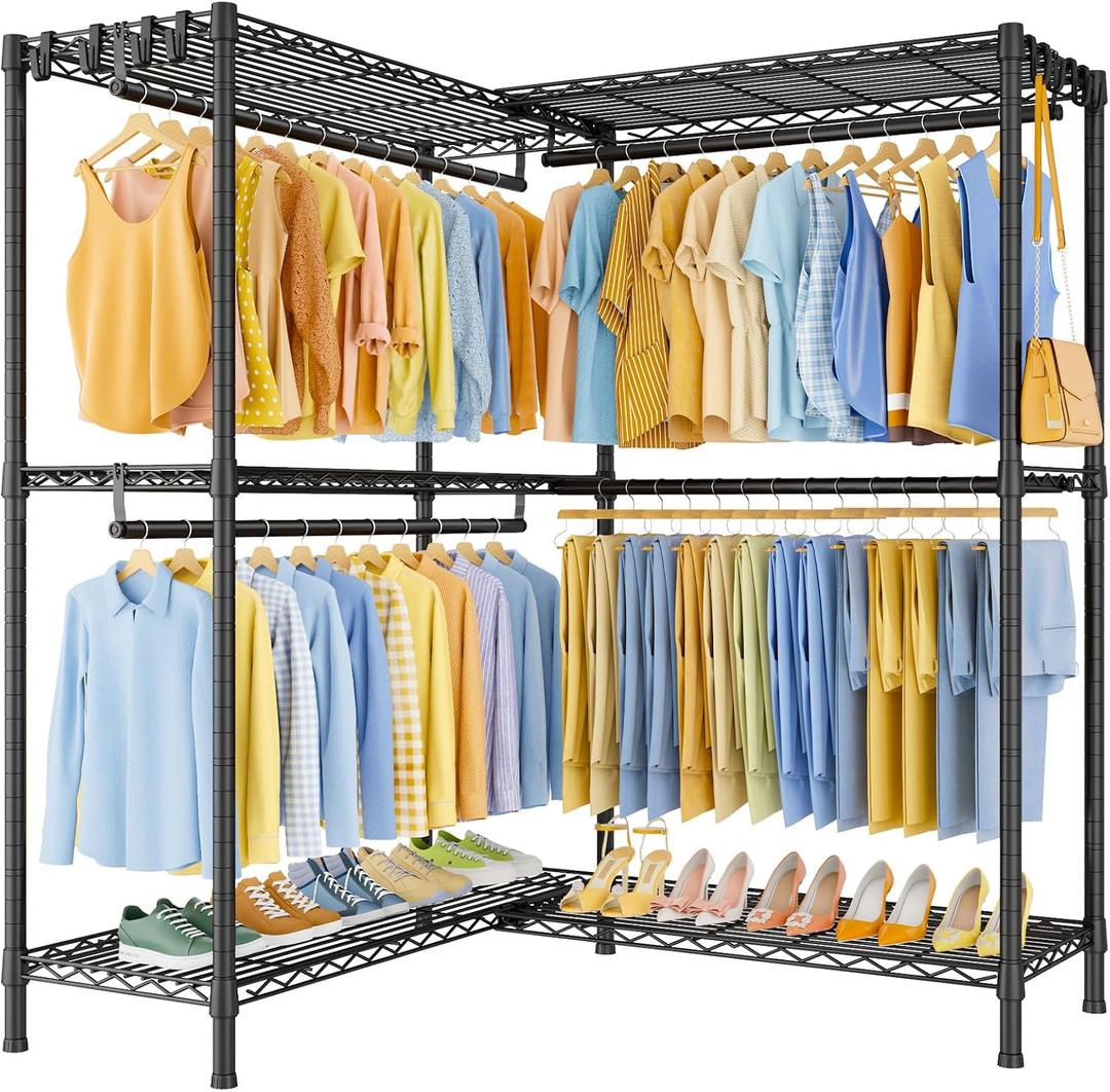 ULIFHOME E15 Pro Garment Rack L Shaped Clothes Rack for CornerFreestanding Clothing Racks for Hanging ClothesHeavy Duty Closet System with 4 Hanging Rods & 8 S Hooks48.8"W x 15.8"D x 78.4"HBlack