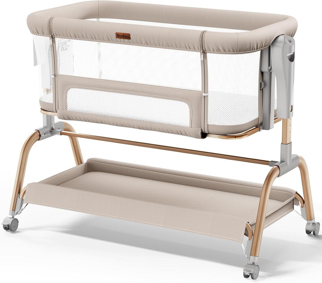 NeoBorn 3-in-1 Baby Bassinet, Rocking Bedside Bassinet with Full Mesh Sturdy Wide Base, Height Adjustments, with Comfy Mattress, Waterproof Sheet & Wheels for Newborns, Crib