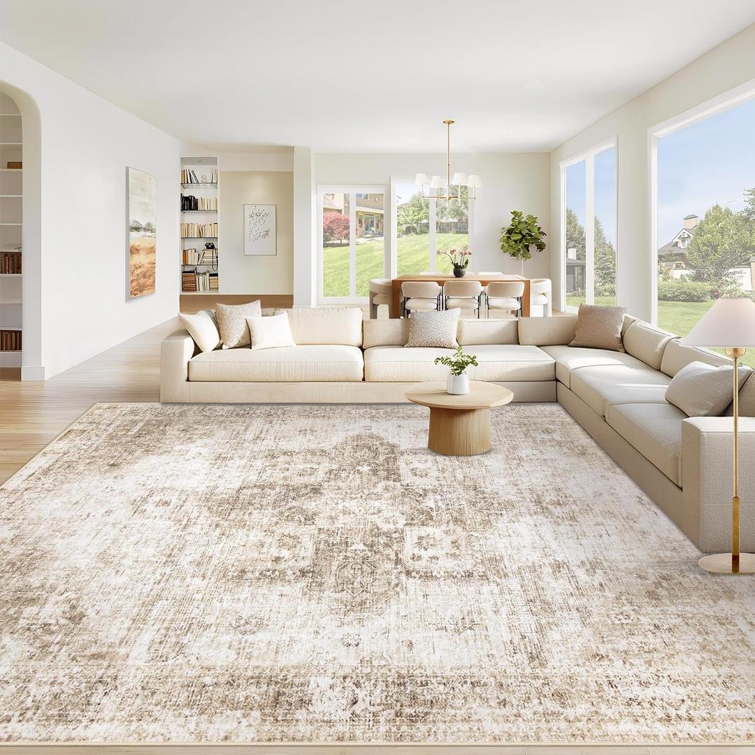 Area Rug 8x10 Washable Rug, Vintage Boho Medallion Rugs Non-Slip Soft Low Pile Large Distressed Rug Indoor Retro Carpet for Living Room Bedroom Dining Room Home Office (Brown)