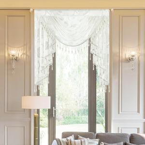 VOGOL White Sheer Waterfall Window Valance with Beads, 39 x 43, 1 Panel | Light Filtering Voile, Easy to Hang, Soft Swag Drape, Window Treatment for Bedroom, Living Room and Small Windows