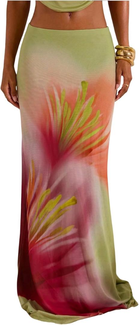 MakeMeChic Maxi Long Skirt for Women Mesh Y2k Summer Floral Flowy Skirt, (Green)