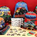 SNLN Monster Truck Party Favors Birthday Supplies for Boys Kids, Drawstring Bag Silicone Bracelet Keychain Tattoo Sticker Pinata Goodie Bag Stuffers Monster Truck Birthday Party Supplies Decor