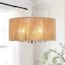 Rattan Chandelier for Dining Room, 5-Light Large Farmhouse Chandeliers Hand Woven Boho Pendant Light Fixture, 19'' Brushed Nickel Wicker Chandelier for Foyer Hallway Bedroom Kitchen Living Room