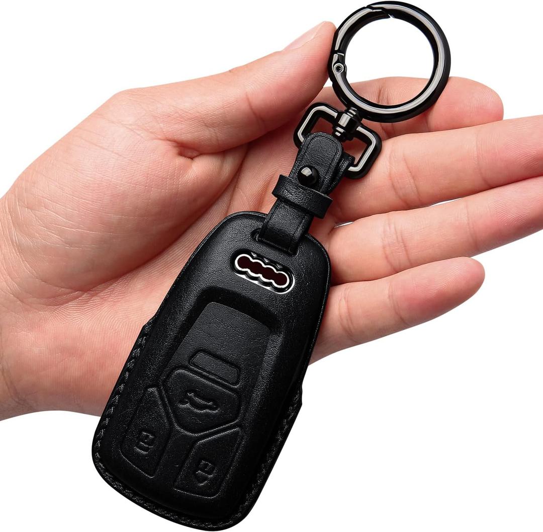 Tukellen for Audi Key Fob Cover Genuine Leather With Keychain,Leather Key Case Protector Compatible Audi A4 Q7 Q5 TT A3 A6 SQ5 R8 S5 smart key-Black
