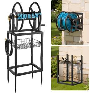 VEVOR Freestanding Garden Hose Reel, Holds 200 Feet of 5/8-inch Hose, Wall Mount or Ground Mount, Detachable Holder Stand with Storage Rack, 5 ft Leader Hose, Brass Fitting, 4 Spikes, for Backyards