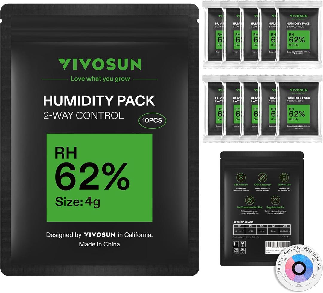 VIVOSUN 62% RH Two-Way Humidity Control Packs, Size 4 g, 10 Packs for Storing 1/2 oz, Moisture Balancer with RH Indicator Card for Food & Herb Storage