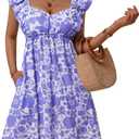 Womens Summer Dresses Sweetheart Neck Ruffle Sleeve Mini Sundresses with Pockets A Line Flowy Beach Dress (Purple)