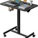 Mobile Standing Desk, Rolling Laptop Cart Adjustable Height with Cup Holder, 28 inch Portable Table with 4 Lockable Wheels, Black Computer Workstation with Hook and Slots for Home Office