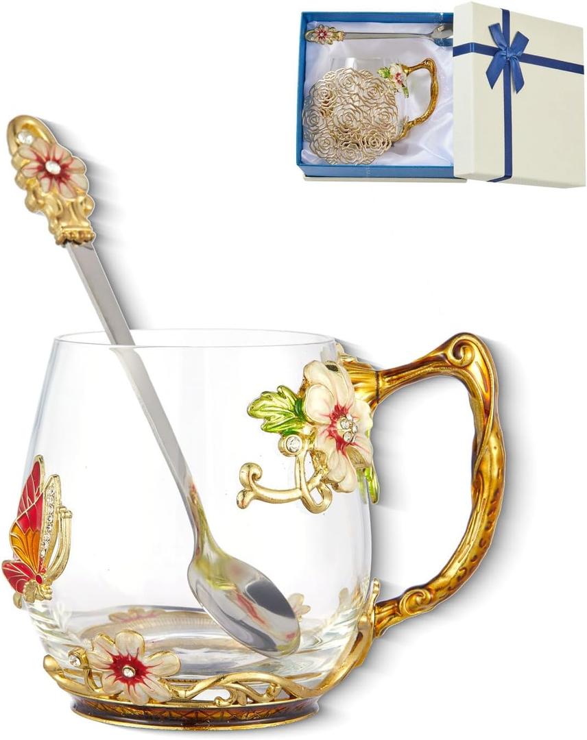 AISVELDY Flower Tea Cup,Clear Glass Fancy Coffee Mug with Spoon,Gift Box for Her Mom Wife Grandma Girls Friends Valentines Christmas Birthday Present Idea for Juice Milk Hot And Cold Drinks Use (Yellow and Red)