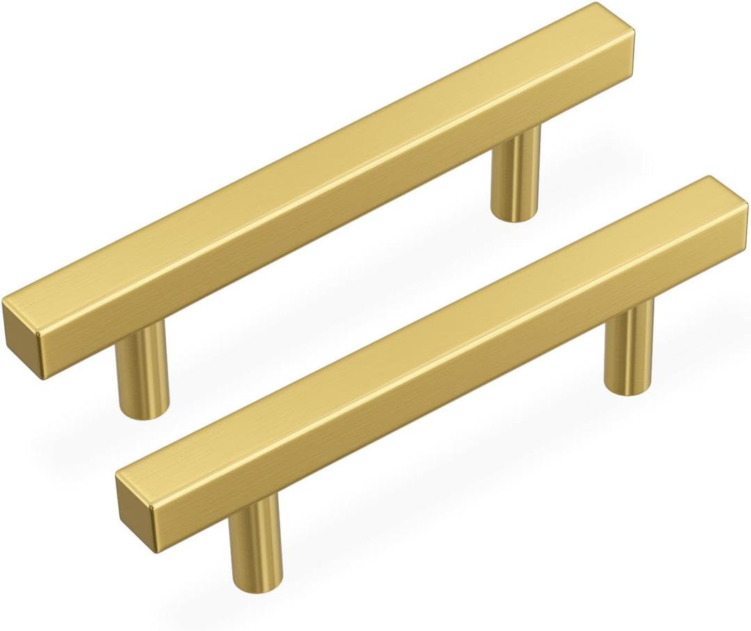 Haidms 20 Pack 102mm/4in Gold Cabinet Handles Brushed Brass Drawer Pulls Square Bar Hardware Pull for Kitchen Cupboard Dresser (4'' Hole Center)