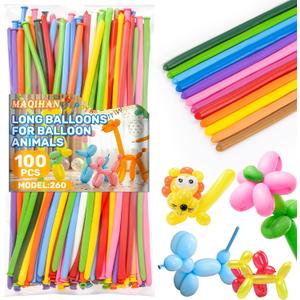 MAQIHAN 100 Long Balloons for Balloon Animals - 260 Long Skinny Balloons for Tying Balloon Arch Assorted Colors Globos Largos Clown Latex Twisting Birthday Wedding Carnivals Party Decoration (Multi)