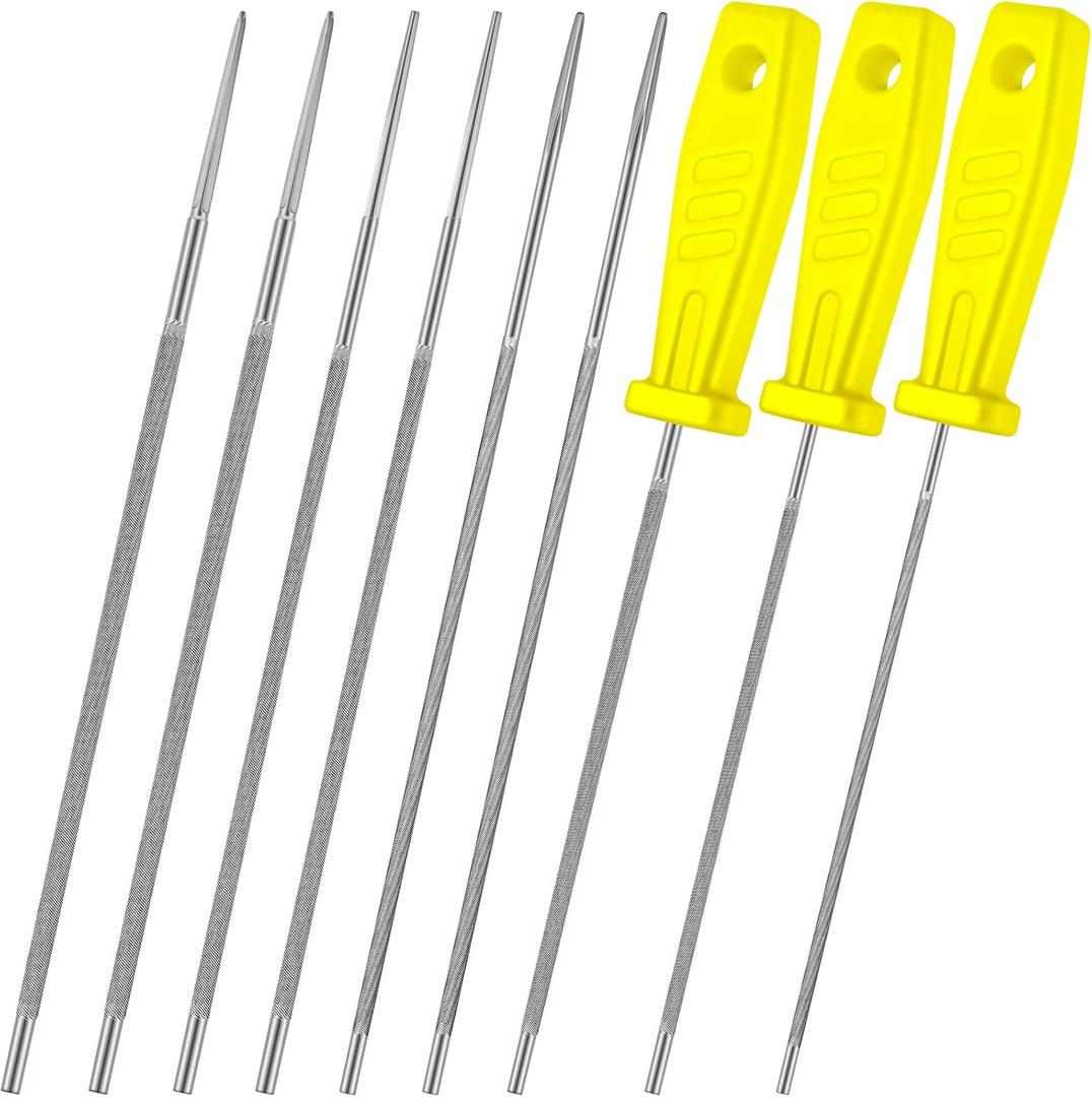 Chumia 6 Pcs 5/32 7/32 3/16 Inch Chainsaw Chain File with 3 Plastic Handles for Sharpening Chainsaw File Kit Chain Saw Sharpener Tool