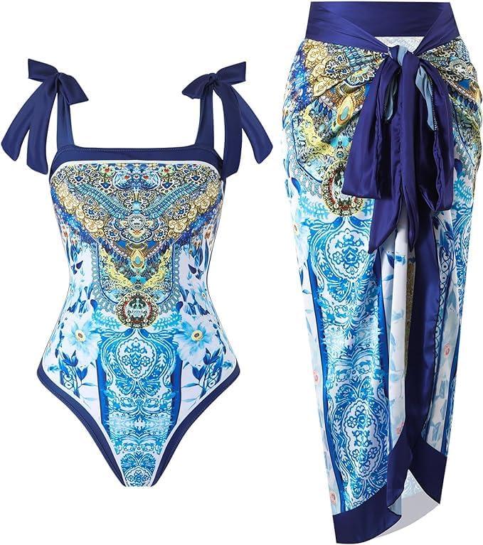 One Piece Bathing Suit for Women with Beach Cover up Wrap Skirt Swimsuit Sarong Retro Floral Print Bikini Set (Blue), XL